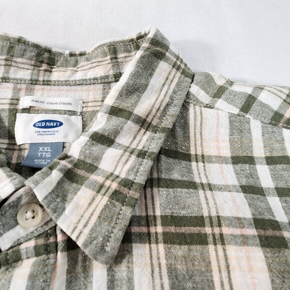 Old Navy Men's XXL Button Up Slim Fit Plaid Linen Cotton Green White Pocket VG - Picture 7 of 11
